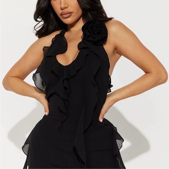NWT Fashion Nova Black Ruffle Halter Cocktail Dress Asymmetrical Size XL - Picture 3 of 5